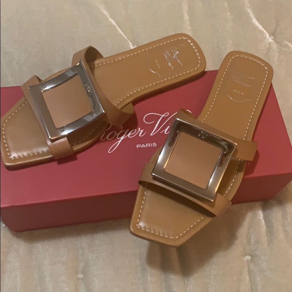 Roger Vivier Tan Leather Square-Buckle Slide Sandals